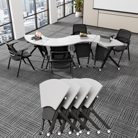 Conference Room Tables, Folding Conference Table with Wheels, Fan-shaped Combinable Modular Training Tables, Foldable Flip Top Mobile Rolling Table for Office Meeting
