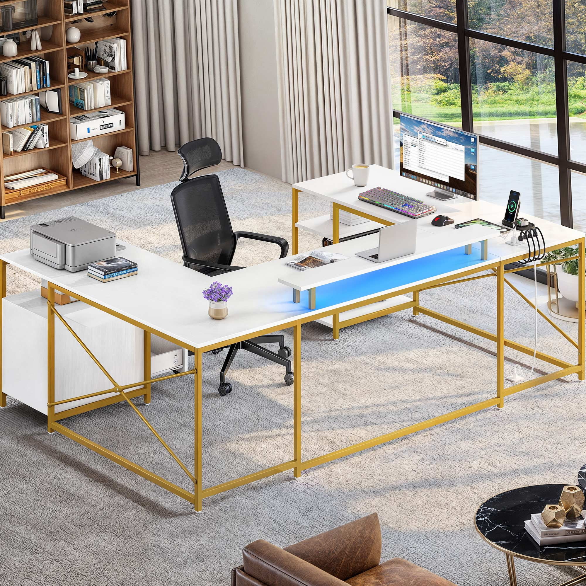 Dextrus L Shaped Desk with Power Outlets & LED Lights, Reversible Computer Desk with Drawers & Storage Shelves, Large U Shaped Desk,White