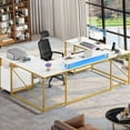 thumbnail image 3 of Dextrus L Shaped Desk with Power Outlets & LED Lights, Reversible Computer Desk with Drawers & Storage Shelves, Large U Shaped Desk,White, 3 of 11
