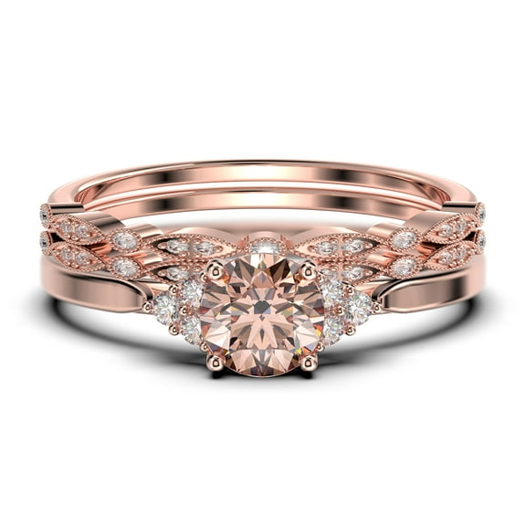 Dazzling Minimalist 2.25 Carat Round Cut, Affordable Morganite And Diamond Moissanite Engagement Ring, Wedding Ring, Two Matching Band in 18k Rose Gold Plating Gift For Her, Promise Ring