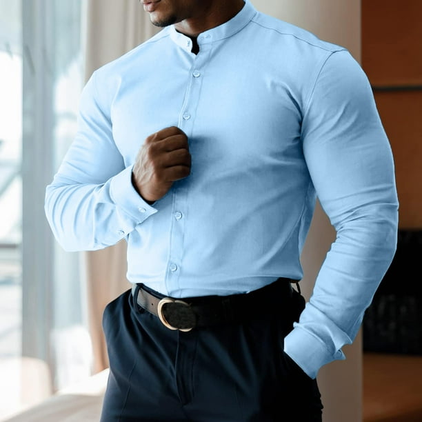 Camisas Hombre Vestir Camisas de vestir para hombre Camisa con botones casual de manga larga y manga corta con cuello entallado Blue XL Walmart en linea