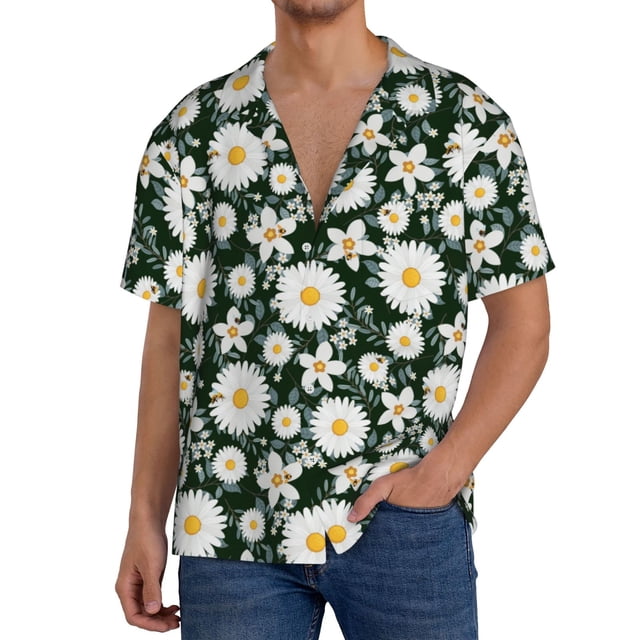 Balery White Daisies and Bee Camisa Casual de Manga Corta con Botones para Hombre, Texturizada, Estilo Cubano, para Playa, Verano-XX-Large