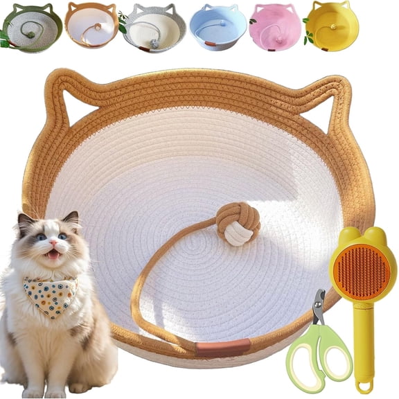 Stimulicat Cat Bed, Stimuli Cat Handwoven Basket, StimuliCat Cats Bed with Toy Tail, Foldable Scratchable Breathable Prevents Overheating for Cats (Orange-White,for 5.5-11.5 Ibs)