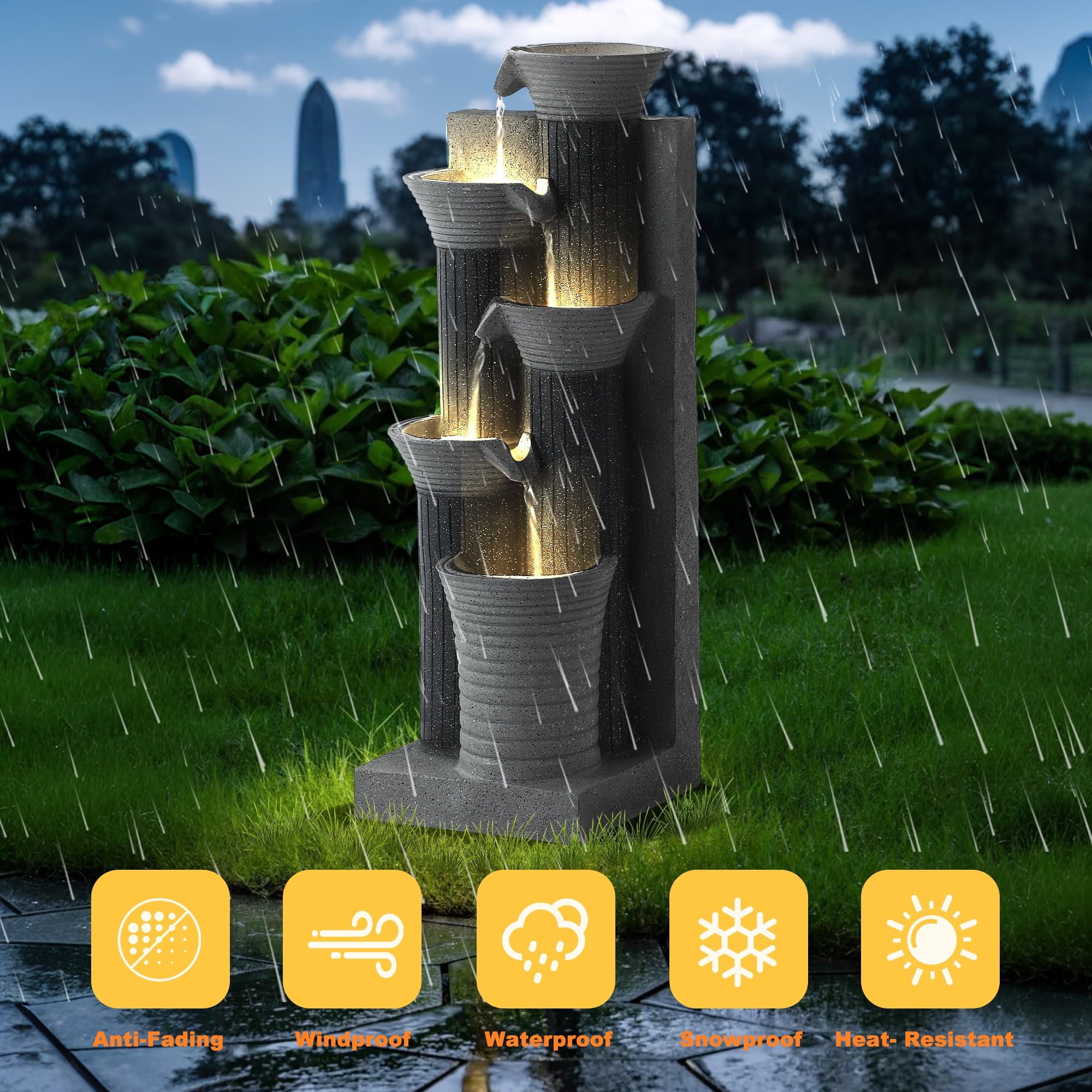 Magic Union Outdoor Water Fountain, 5 Tiers Cascading Waterfall Indoor Water Feature Garden Decor with LED Lights, Fountains Outside Patio Resin for Yard, Deck, Porch and Home, Bamboo Elements