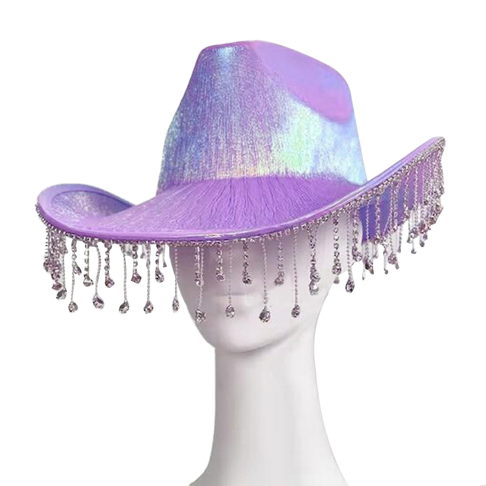 Neon Holographic Cowboy Hat with Rhinestones for Costume Party Disco Cowgirl Hat: Iridescent Pink Rhinestone, Mushroom  main image 3