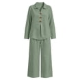 thumbnail image 6 of Women's Casual 2 Piece Tracksuit Outfits Lapel Long Sleeve Tunic Shirts and Loose Wide Leg Flowy Pants Soft Daily Loungewear Sets Army Green, 6 of 7