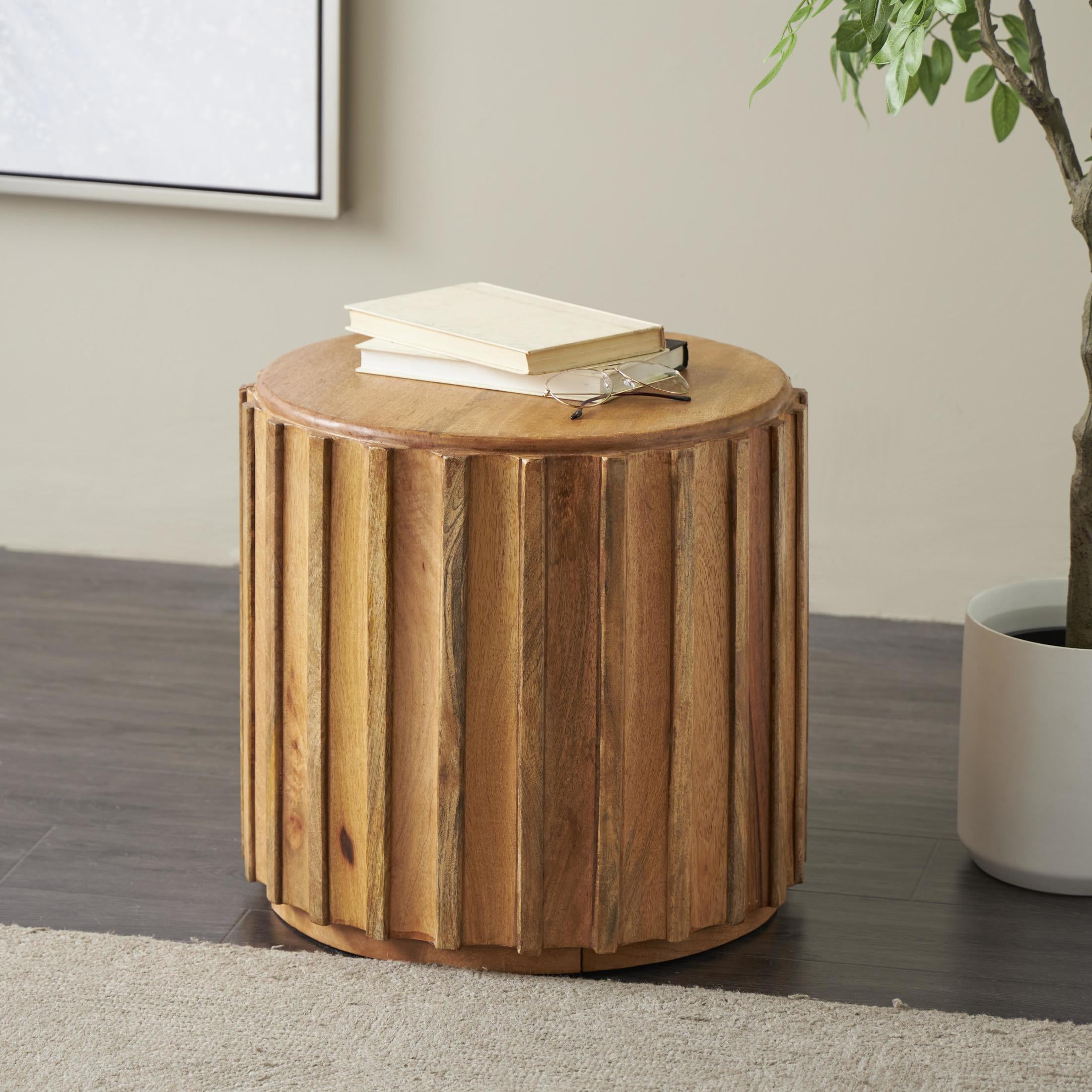 DecMode 19" x 18" Brown Mango Wood Handmade Concaved Curve Drum Accent Table with Ridges, 1-Piece