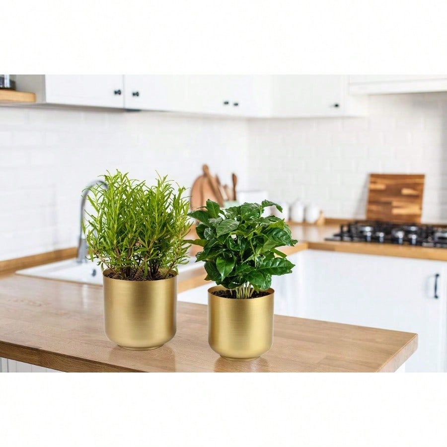 Large Gold Planters Metal Aloe Brass-Tone Plant Pots Indoor Decorative Flower Pots with Drain Holes 8+7.1Inch