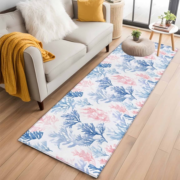 Blue Pink Coral Kitchen Runner Rug 2x6 Washable Runners for Hallway Non Slip Beach Ocean Summer Coastal Large Area Rug Indoor Floor Carpet for Bathroom Laundry Entryway Bedroom Living Room