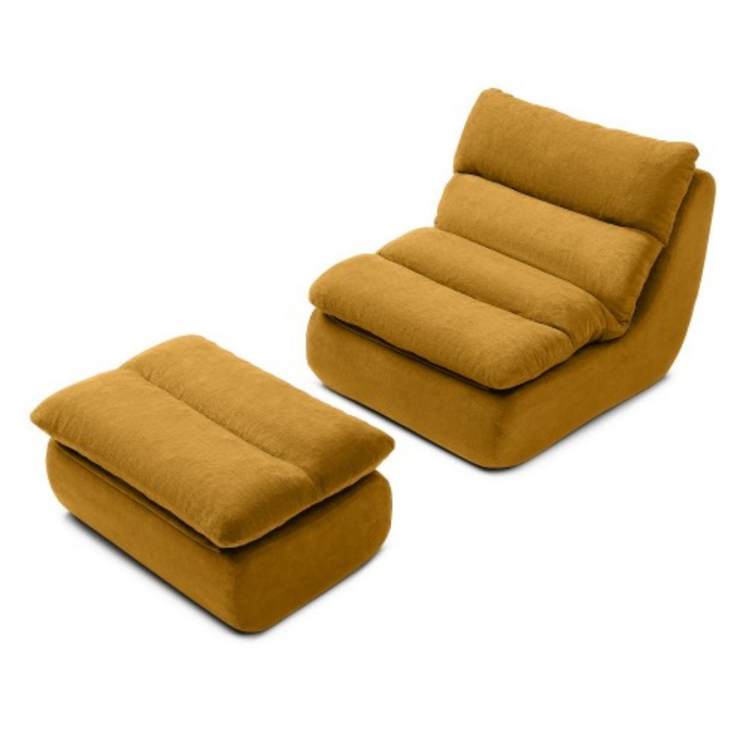 32" Bean Bag Chair with Ottoman, Tufted Upholstered Chaise Lounge Chair for Adults, High Density Foam Lazy Sofa with Footrest for Living Room, Bedroom, Gaming Room & Dorm, Yellow