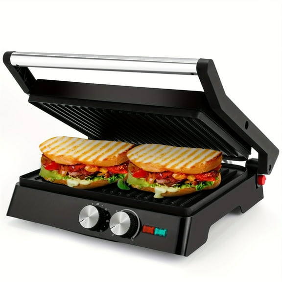 3-in-1 Indoor Grill/Panini Press/Sandwich Maker: 180° Opening, Adjustable Temp, Non-Stick Grease Tray - Compact Stainless Steel
