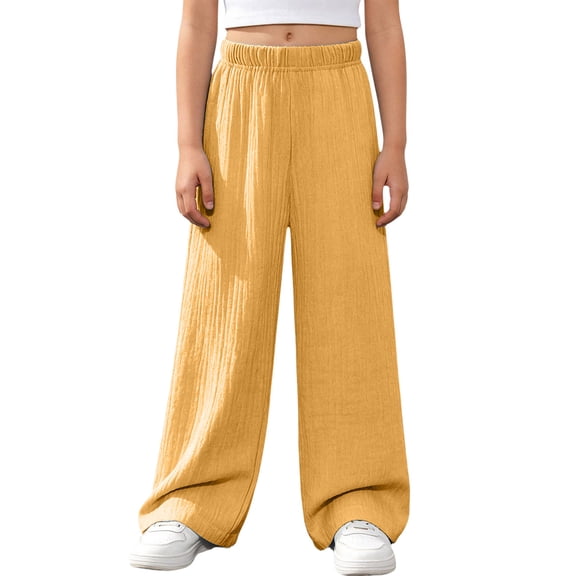 Ixbnca Long Pants for Girls Textured Wide Leg Solid Color Pants Lounge Elastic High Waist Comfy Vacation Trousers