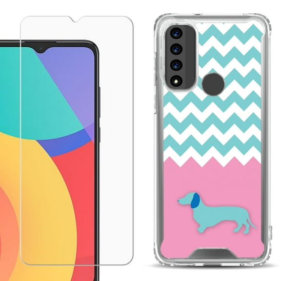 Shockproof Bumper Phone Case for TCL 20 XE, with Tempered Glass Screen Protector, by OneToughShield ® - Chevron/Dachshund/Puppy