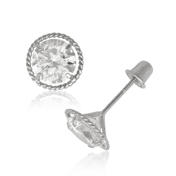 14k White Gold Cubic Zirconia Medium Round Screw-Back Earrings - Measures 8x8mm