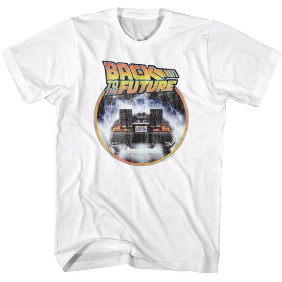 Back To The Future Logo And Car Circle White Adult T-Shirt Xl
