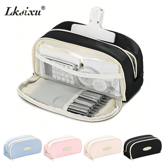 Lksixu Large Pencil Case, Expandable Pencil Bag with 2 Compartments, Aesthetic Canvas Pencil Pouch with Zipper, Portable Stationery Organizer Wide Opening Storage Container for Office Supplies