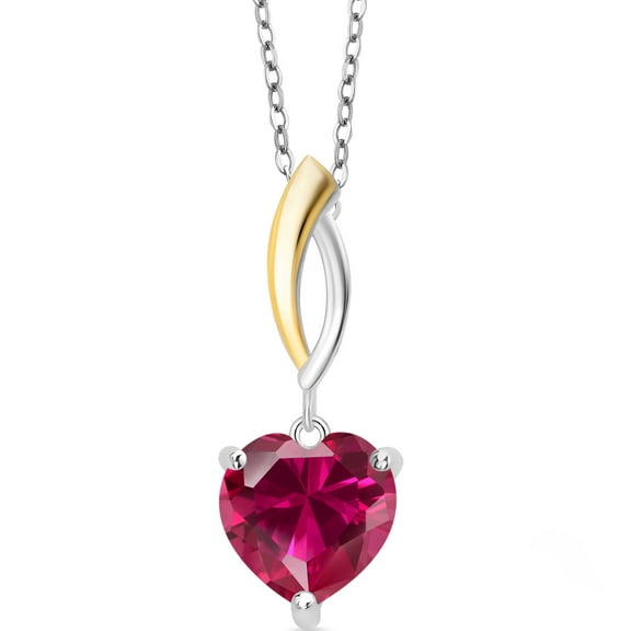 Gem Stone King 925 Silver and 10K Yellow Gold Red Created Ruby Pendant Necklace for Women By Keren Hanan (4.00 Cttw, Heart Shape 10MM, with 18 inch Chain)