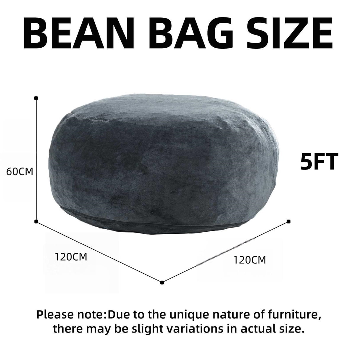 Hommoo 5FT Bean Bag Chair, Memory Foam Filling Soft Sofa with Flannel Cover, Round Sofa for Living Room, Bedroom, College Dorm, Dark Gray