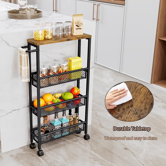 4-Tier Slim Rolling Cart with Wooden Tabletop,Mobile Metal Utility Storage Cart,Slide Out Narrow Cart for Tight Spaces on Bathroom Kitchen Laundry Room Bedroom