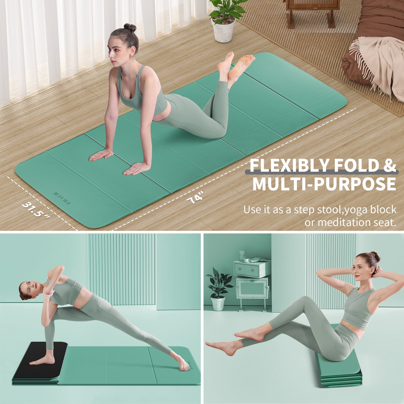 Frach Wide Foldable Yoga Mat - Extra Large 75"x32" Quick-Fold & Versatile Use Non-Slip TPE for Workout & Home Gym (Green+Black)