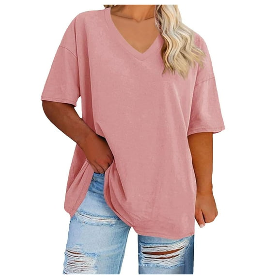 vigerkar Women's V Neck T Shirts Summer Half Sleeve Tees Casual Loose Fit Cotton Tunic Tops Light Pink, L