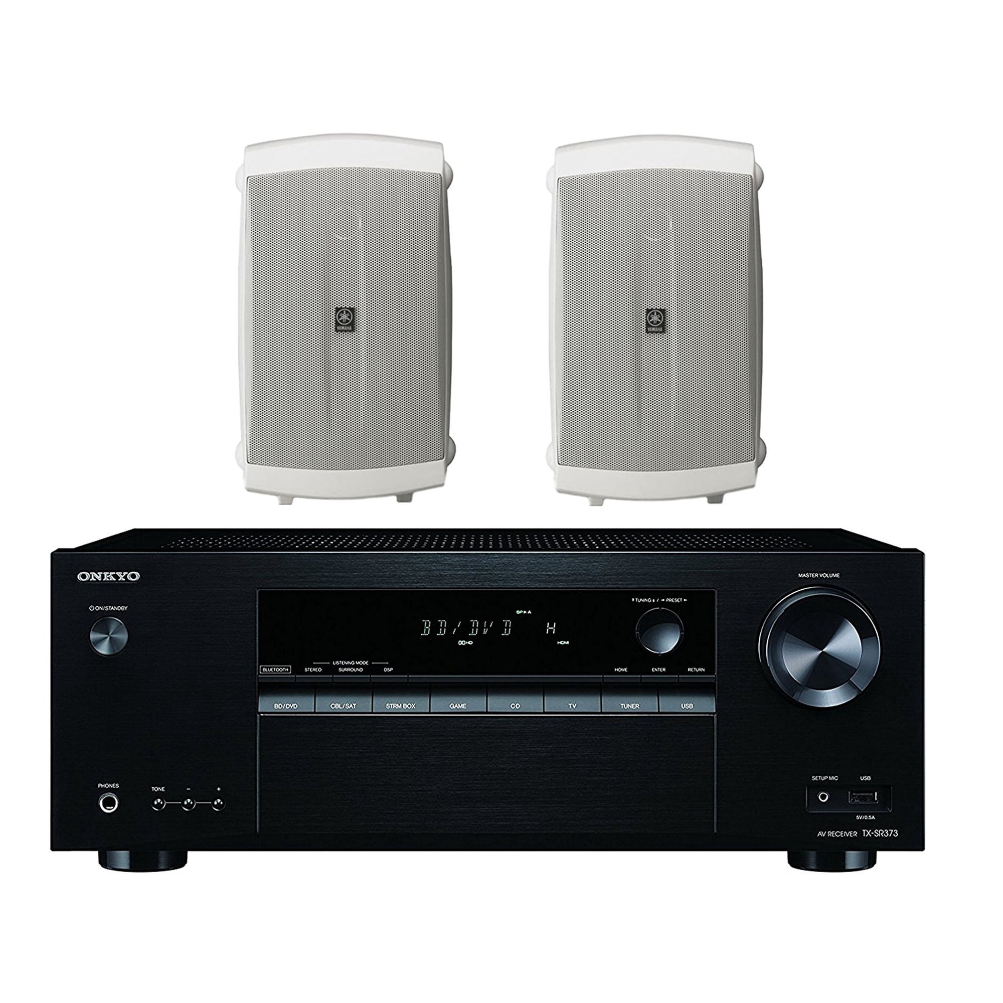 Onkyo 5.2 Channel Full 4K Bluetooth AV Home Theater Receiver + Yamaha High-Performance Natural Surround Sound 2-Way Indoor/Outdoor Weatherproof Speaker System (Pair)