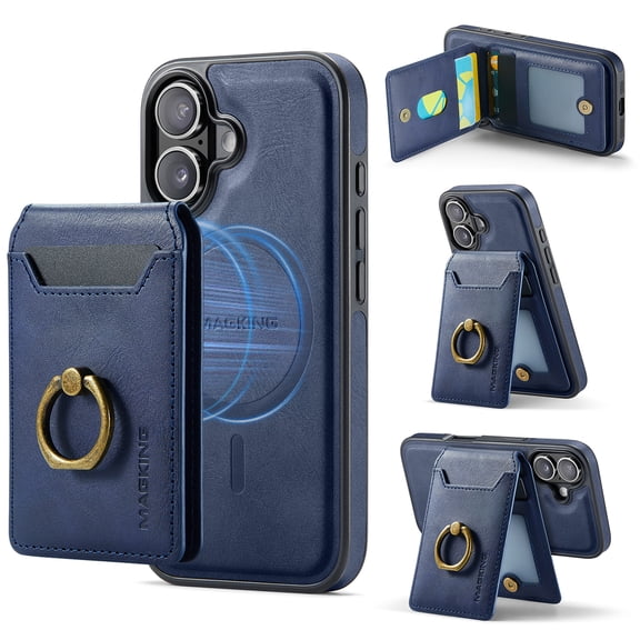 2 in 1 Function Detachable Magnetic Phone Cases Compatible with iPhone 17 Case with Card Holder Ring, Compatible with Magsafe Wallet, Slim Fit PU Leather Men RFID Blocking, Blue
