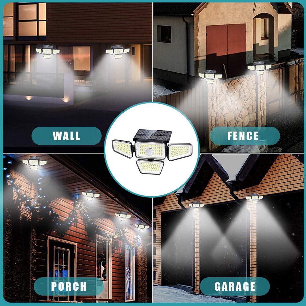 DFITO LED Solar Motion Security Lights Outdoor 4 Head 3000LM Motion Sensor Light Adjustable Flood Light Garden Waterproof