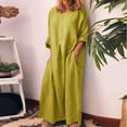 thumbnail image 2 of CHOK Robe d'Été en Coton et Lin pour Femmes, Col Ras du Cou, Coupe Ample, Robe-Chemise Unie, Grande Taille, Lin, Décontractée, Longue, par-Dessus, 2 of 3