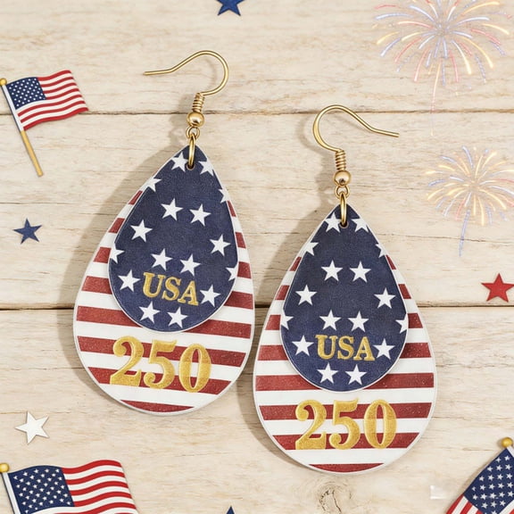 USA 250th Anniversary Teardrop Earrings, Patriotic American Flag Dangle Earrings, 4th of July Red White Blue Leather Drop Earrings, for Independence Day Party, 3 Inch