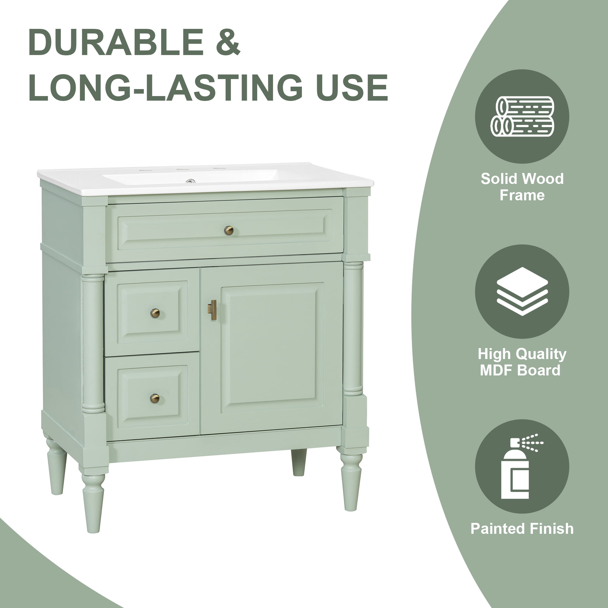 Euroco 30" Bathroom Vanity with Sink, Green Freestanding Bathroom Cabinet with Flip Drawer & Adjustable Shelf, Solid Rubberwood Frame, MDF Panels & Metal Handles