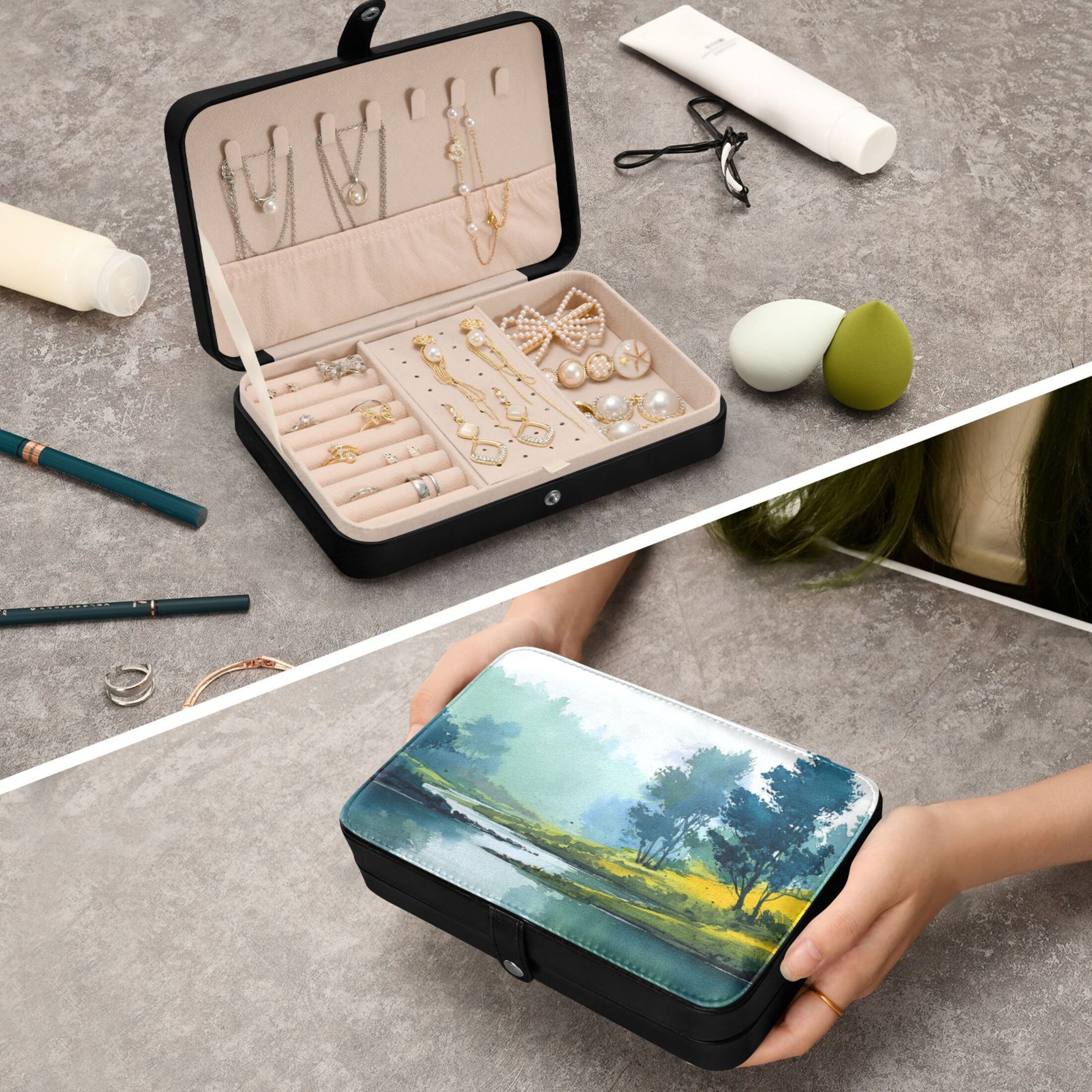 Leather Jewelry Box Rectangular 8.27x5.5x1.78In Travel Jewelry Storage Earrings Necklace Bracelet Watch Brooch Storage Watercolor Lake