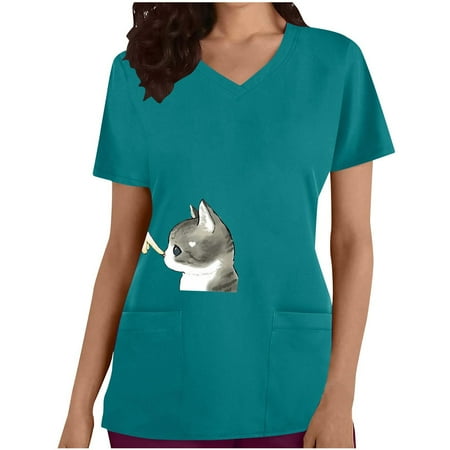 

Ecqkame Women Scrubs Top Clearance Fashion Woman Print V--Neck Short Sleeve T-Shirt Printing Loose Blouse Tops Sky Blue XXXL