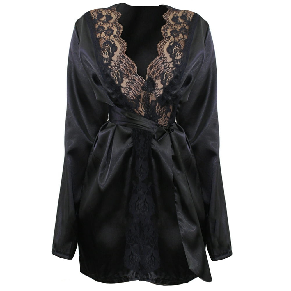 Black Long Sleeve Satin Robe With Lace Trim