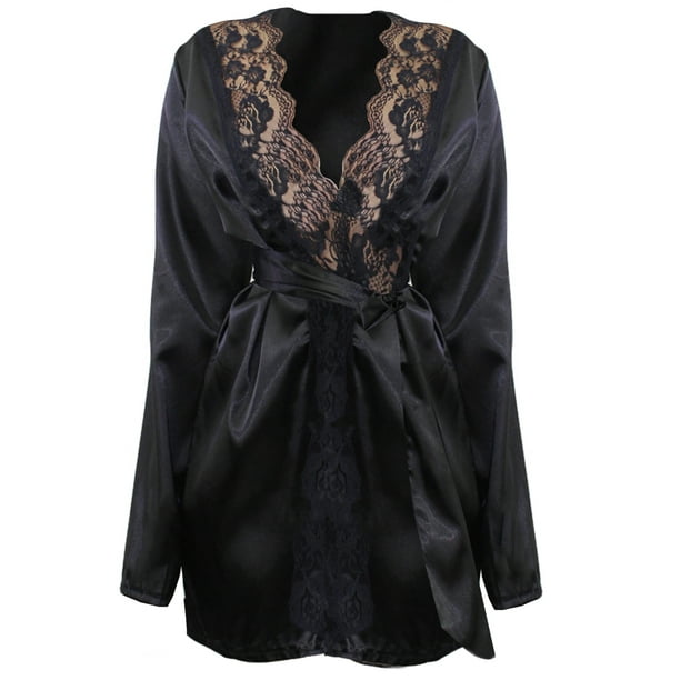 Black Long Sleeve Satin Robe With Lace Trim