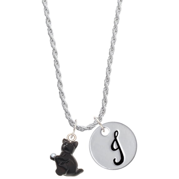 Delight Jewelry Resin Black Playing Cat Silvertone Script Initial Disc - J - Charm Necklace, 20"+3"