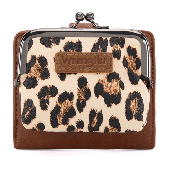 Montana West Wrangler Women's RFID-Blocking Leopard Print Wallet - Compact Bifold Credit Card Holder with Kiss Clasp, Leopard