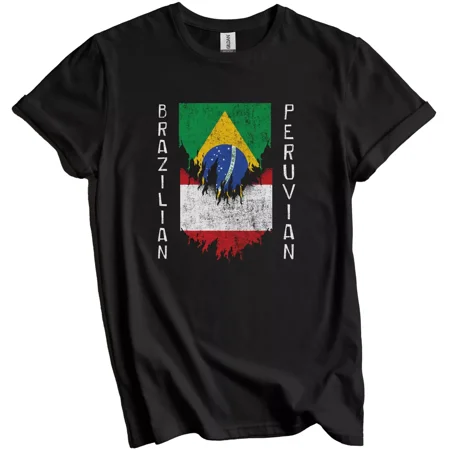 Gildan Brazilian Peruvian Flags Ripped Torn Brazil Peru T-Shirt Gift for Men Women Unisex Tee