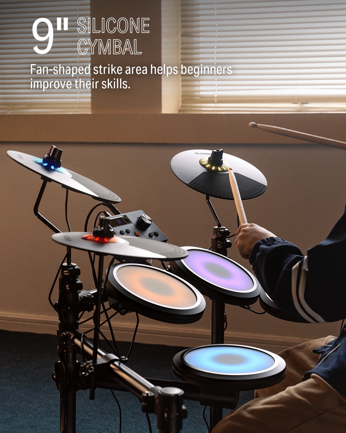 Donner Electric Drum Set with LED Light Up, 150 Sounds, 15 Drum Kits, Type-C Charging, with Throne, Headphones, Sticks, Melodics Lessons