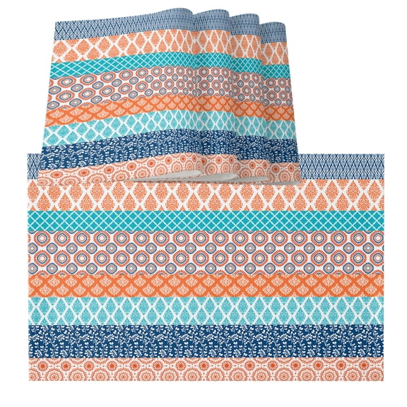 Teal Orange Striped Placemats for Dinning Table Set of 4, Boho Modern Geometric Abstract Art Burlap Kitchen Place Mats Waterproof Cloth Table Mats, Indoor Outdoor Placemats Easy Clean Dinner Decor