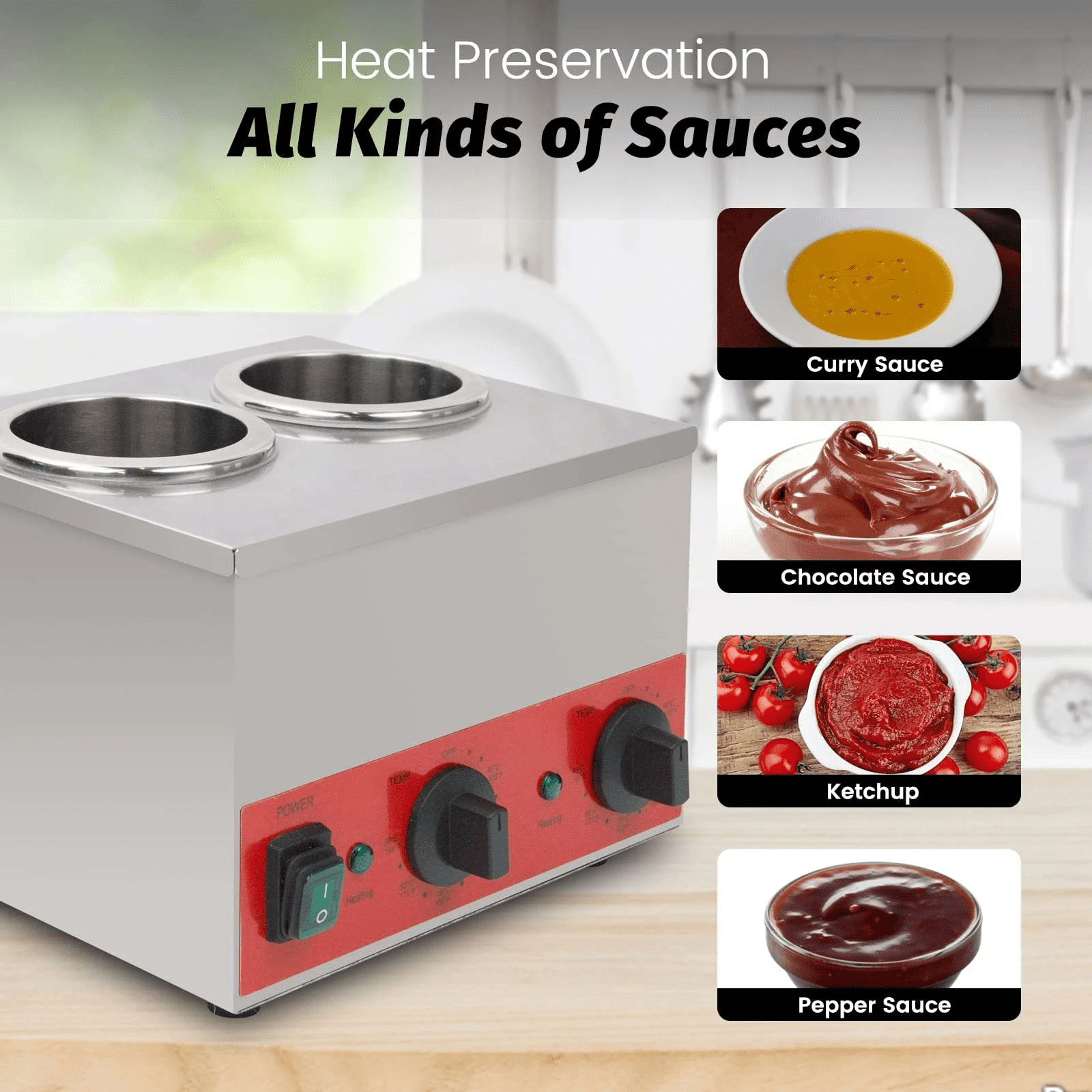 Hakka Double Bottle Sauce and Cheese Warmer, 2 Well Stainless Steel, 400W, Adjustable Temperature 105-195F, 110V
