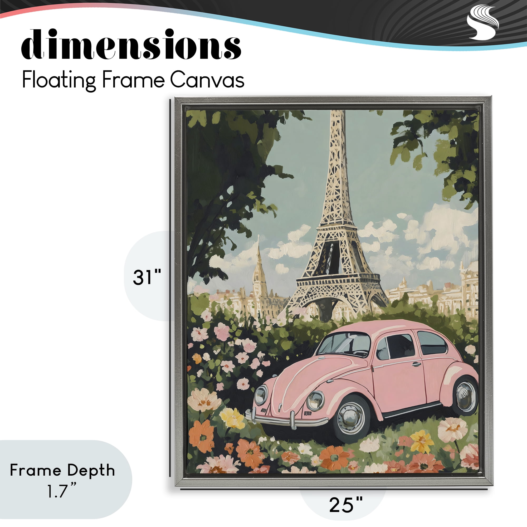 Stupell Industries Paris Pink Car in Bloom Gray Framed Floater Canvas Wall Art, design by The Prints Vibe