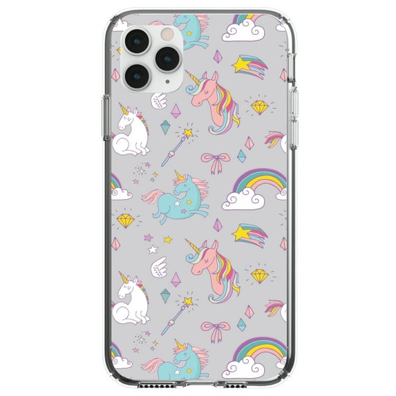 DistinctInk Clear Shockproof Hybrid Case for iPhone 12 MINI (5.4" Screen) - TPU Bumper, Acrylic Back, Tempered Glass Screen Protector - Unicorn Rainbow Wand Pattern - Grey
