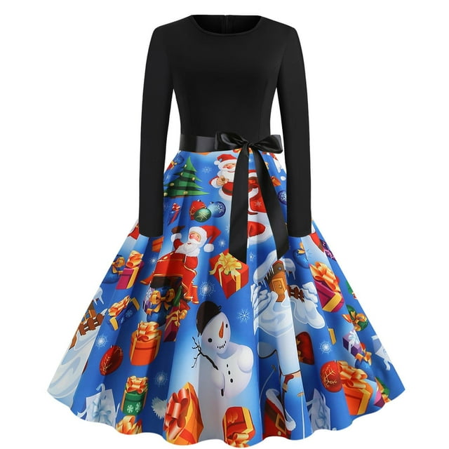 Fridja Robe Vintage Évasée à Nœud Papillon pour Femmes, Manches Longues, Imprimée, pour Fête de Noël
