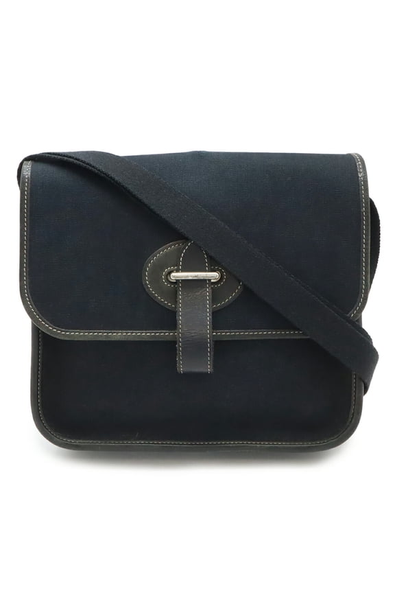 Pre-Owned HERMES Buenaventura Mini Shoulder Bag Pochette Toile Officier Leather Black (Fair)