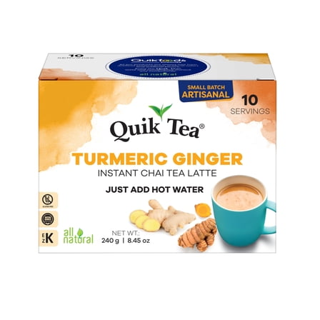 QuikTea Turmeric Ginger Chai Tea Latte – 10 Count, Bold Turmeric Ginger Flavor, Naturally Caffeine-Light, no preservatives – Just Add Hot Water