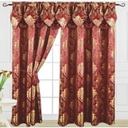 Luxury Jacquard Curtain Panel with Attached Waterfall Valance, 54 by 84-Inch Angelina Burgundy (1-Panel)