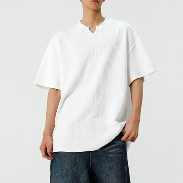 pstuiky camisetas para hombre, Camisa informal de manga corta con cuello en V y textura vertical de color liso para hombre camisas casuales para hombre xxxl