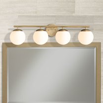 Possini Euro Design Meridian Modern Wall Light Soft Gold Hardwire 31 1/2" 4-Light Fixture Frosted White Globe Glass for Bedroom Bathroom Vanity House