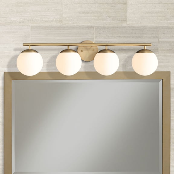 Possini Euro Design Meridian Modern Wall Light Soft Gold Hardwire 31 1/2" 4-Light Fixture Frosted White Globe Glass for Bedroom Bathroom Vanity House